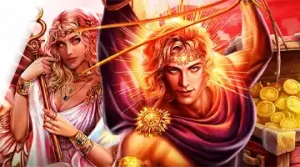 Изображение мифологических фигур, рекламирующих турнир Blitz Spinomenal в Клуб Вулкан на фоне яркого света и сокровищ.